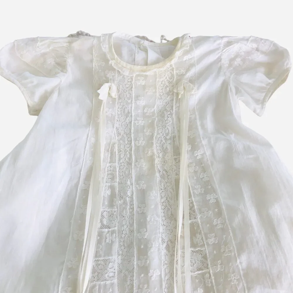 VTG Baby Christening 2 Piece -Gown And Slip Handmade Cotton Lace Baptismal Gown